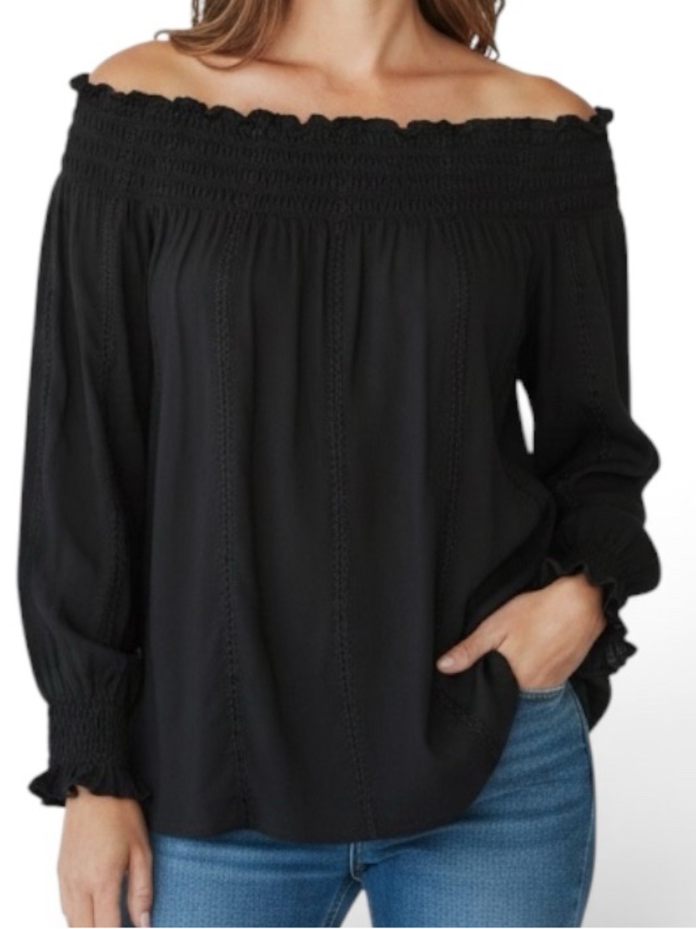 Ralph Lauren Black Off the Shoulders Peasant Top Ruffled Sleeves Sz L | EUC